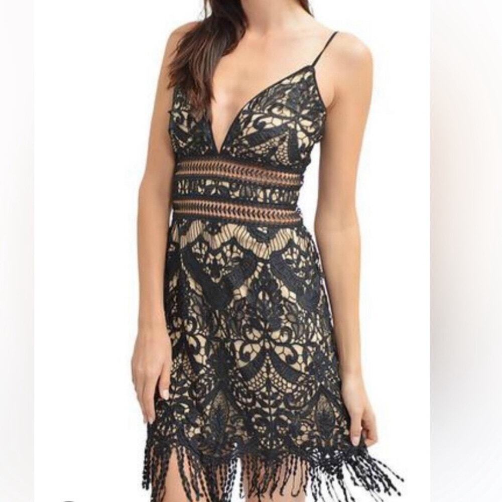 SAYLOR Nichole Black Lace Fringe Mini Dress Boho Chic Y2K Glam Size Medium